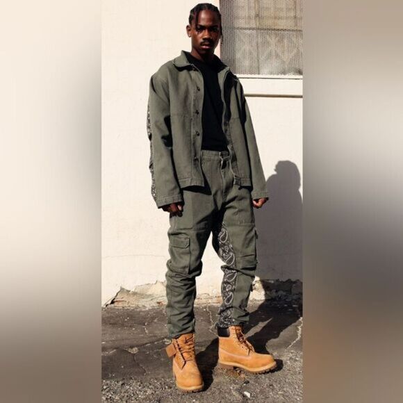 NWT HSTRY By NAS Men’s Olive Green & Paisley Cargo Duck Canvas Denim Jacket - S - Picture 4 of 9